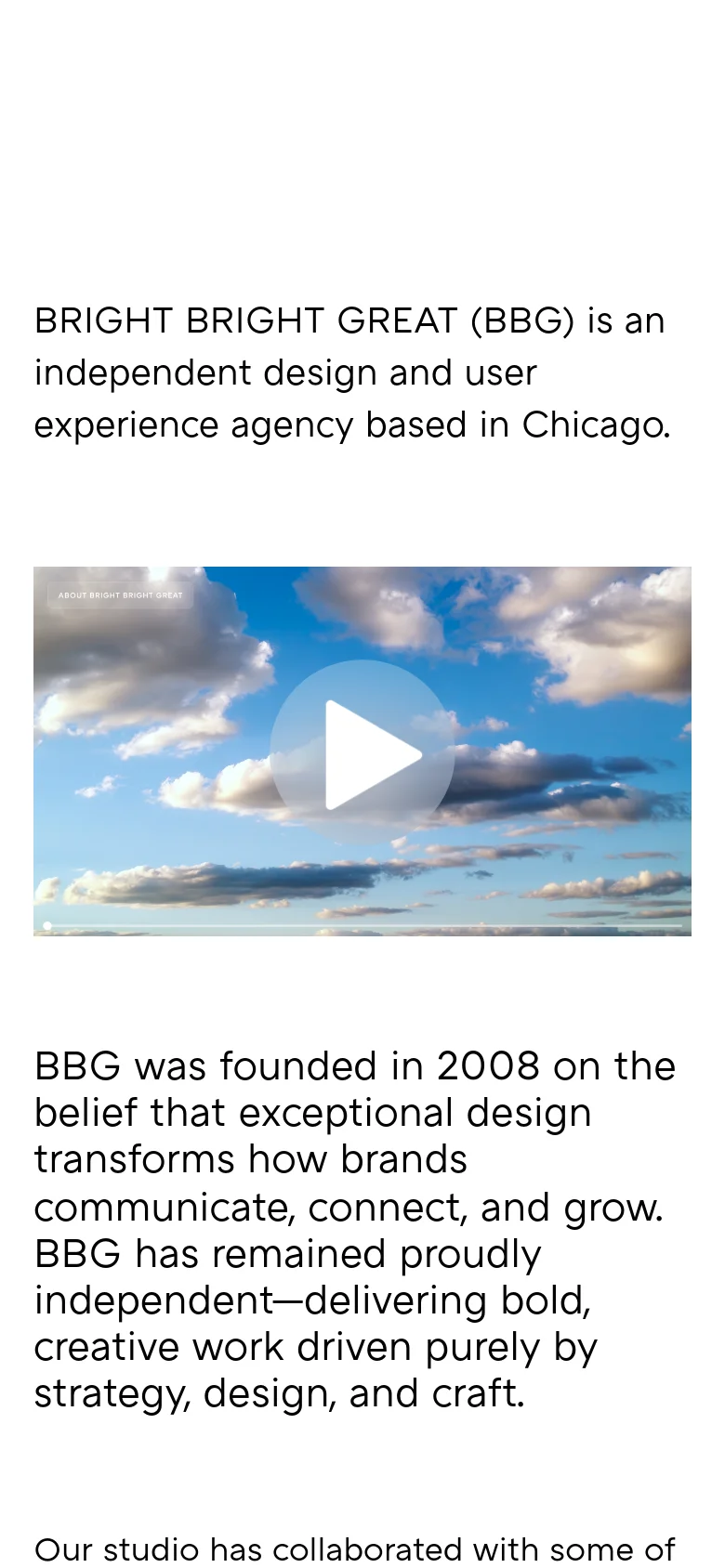 The mobile version maintains the same blue sky video hero and text content but uses a vertical, single-column layout. The navigation is condensed into a menu icon, and the text is scaled for readability on a smaller screen, focusing on a top-to-bottom flow of the agency's mission and details.