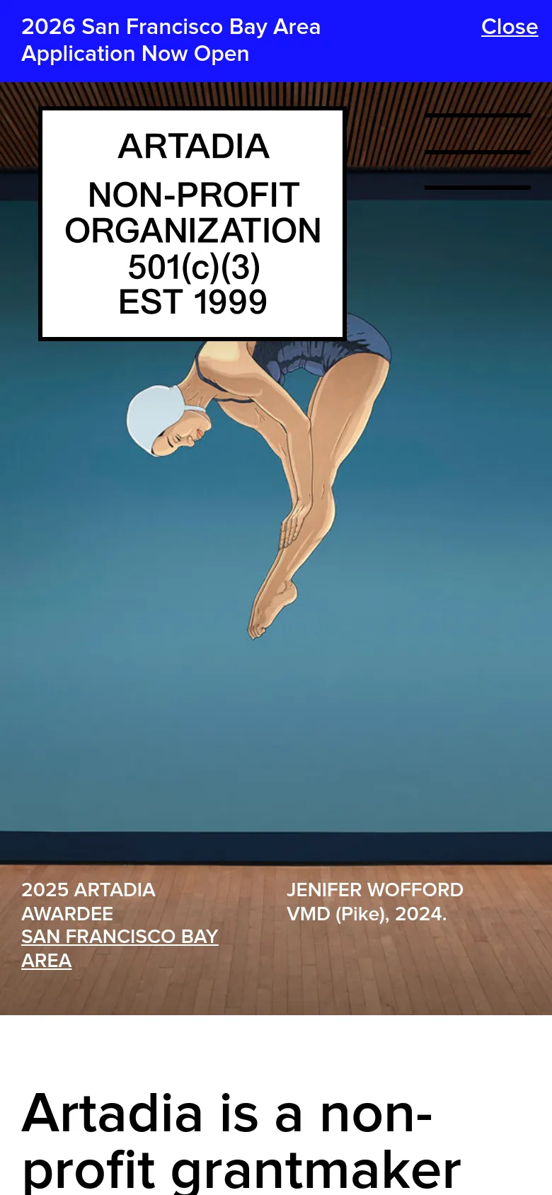 The mobile version presents a vertically stacked layout, beginning with a blue announcement bar at the top. The hero section features a prominent image of an artwork by Jenifer Wofford, with the artist's name and award details overlaid on a textured brown background at the bottom. The navigation is condensed, and the large white text box with organization details is positioned at the top of the visual stack.