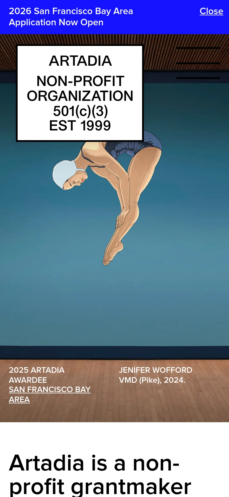 The mobile version presents a vertically stacked layout, beginning with a blue announcement bar at the top. The hero section features a prominent image of an artwork by Jenifer Wofford, with the artist's name and award details overlaid on a textured brown background at the bottom. The navigation is condensed, and the large white text box with organization details is positioned at the top of the visual stack.