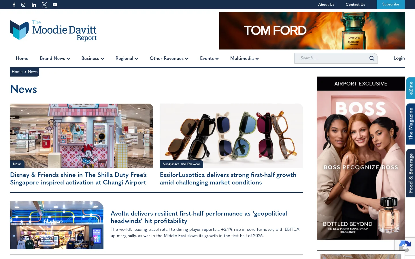 The News archive page features a white background with a top navigation bar containing the Moodie Davitt Report logo, a Tom Ford advertisement banner, and a search bar. A grid of news articles follows, each consisting of a large featured image, a category tag, a bold headline, and a short summary. A sidebar on the right displays a vertical 'Airport Exclusive' magazine advertisement.