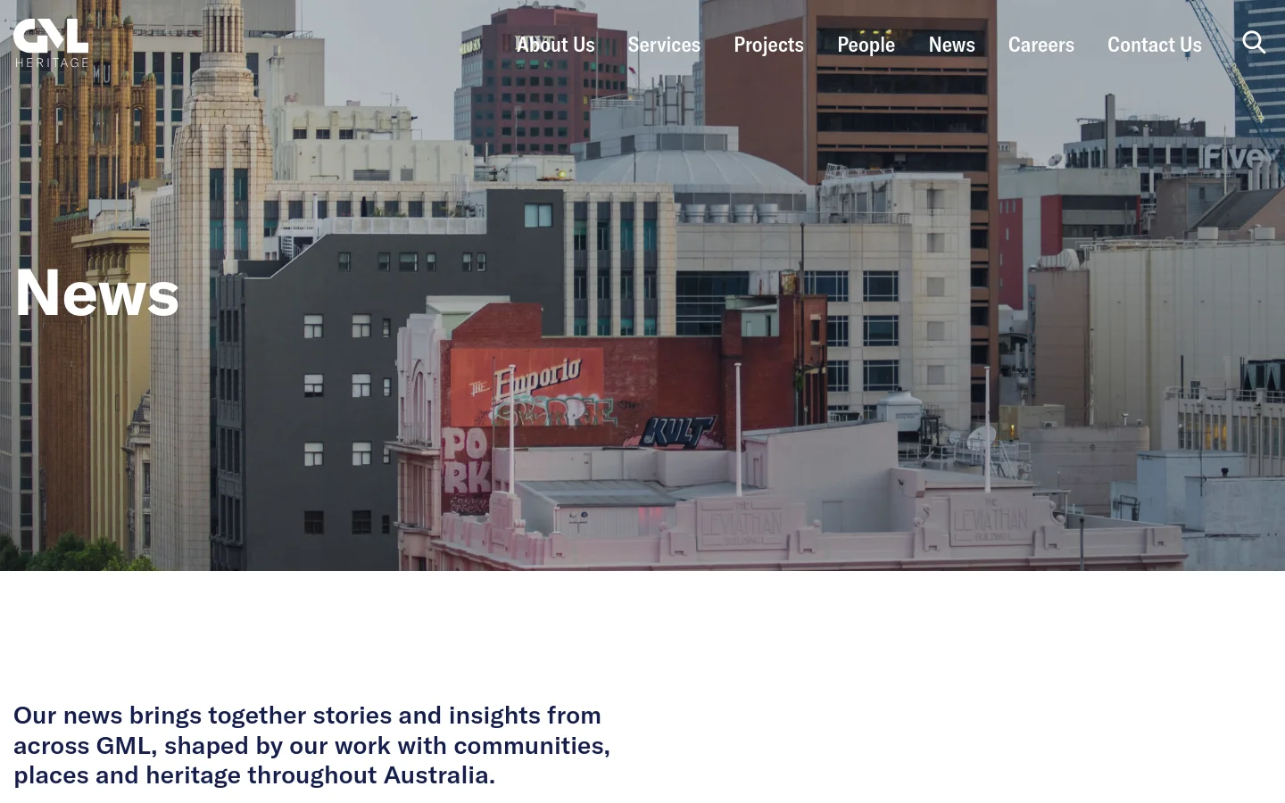 The News page features a large hero image of a dense urban cityscape with historic and modern buildings under a cloudy sky. Below the hero, a headline introduces the news section, followed by a filterable grid of news articles organized by service and location. Each article card includes a representative image, a location tag, and a descriptive headline.