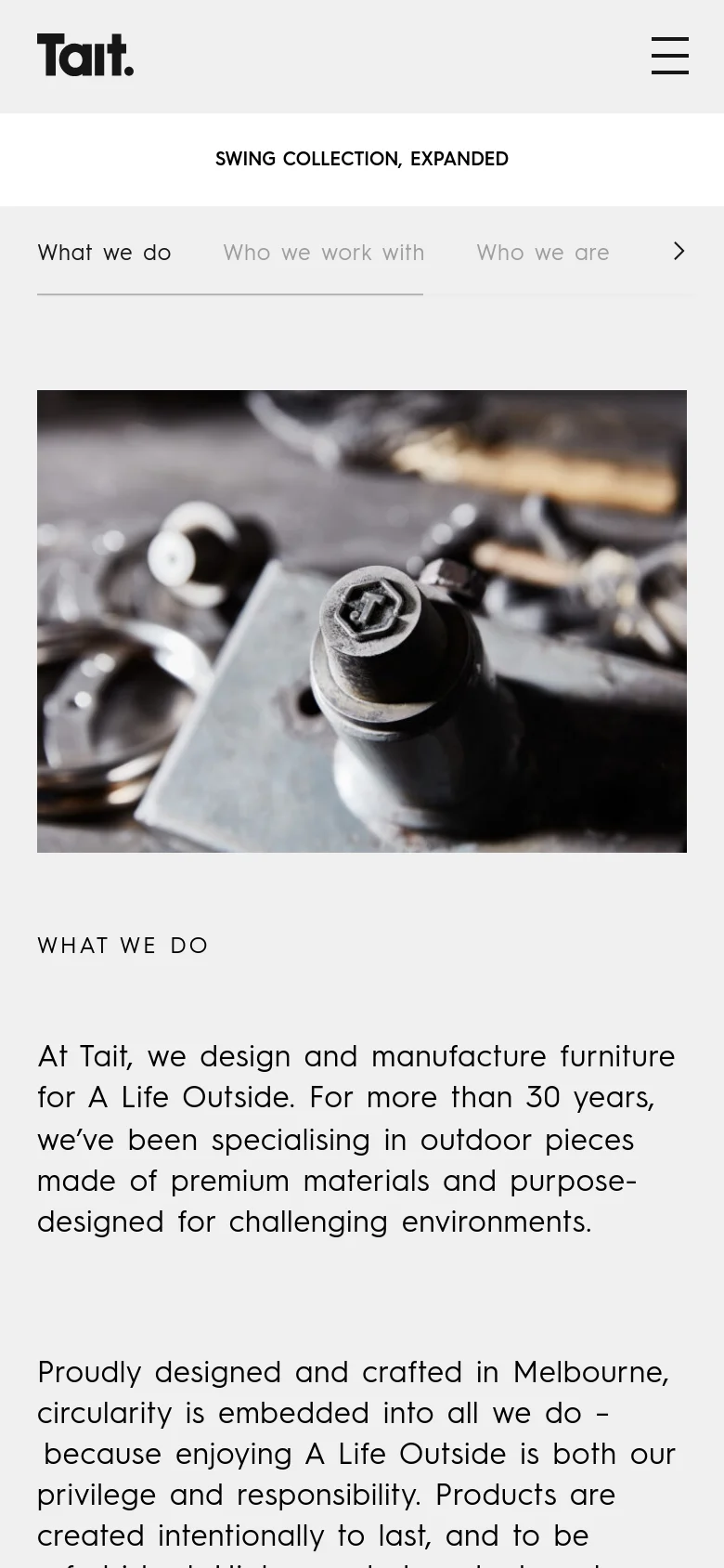 The mobile version uses a single-column vertical layout, stacking the content for easier scrolling. The close-up industrial photograph appears above the 'WHAT WE DO' heading and text, and the navigation menu is collapsed into a hamburger icon at the top right.