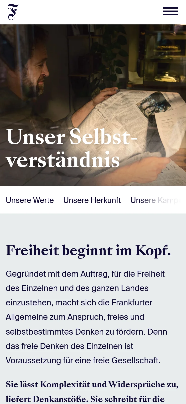 The mobile version presents a vertically stacked layout starting with a large hero image of a man reading a newspaper, with the headline 'Unser Selbstverständnis' positioned centrally. The top navigation is condensed into a hamburger menu icon next to the logo, and the sub-navigation links are displayed in a horizontally scrollable row below the hero image.