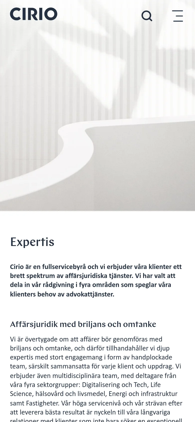 The mobile version simplifies the layout, replacing the top navigation bar with a search icon and a hamburger menu icon. The hero image remains a large abstract background, and the content is stacked vertically, starting with the 'Expertis' heading and introductory text.