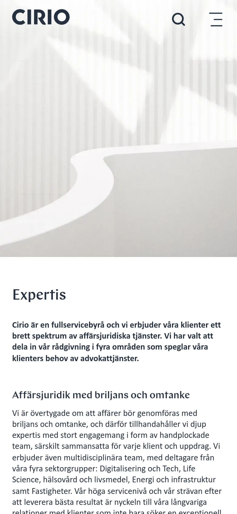 The mobile version simplifies the layout, replacing the top navigation bar with a search icon and a hamburger menu icon. The hero image remains a large abstract background, and the content is stacked vertically, starting with the 'Expertis' heading and introductory text.