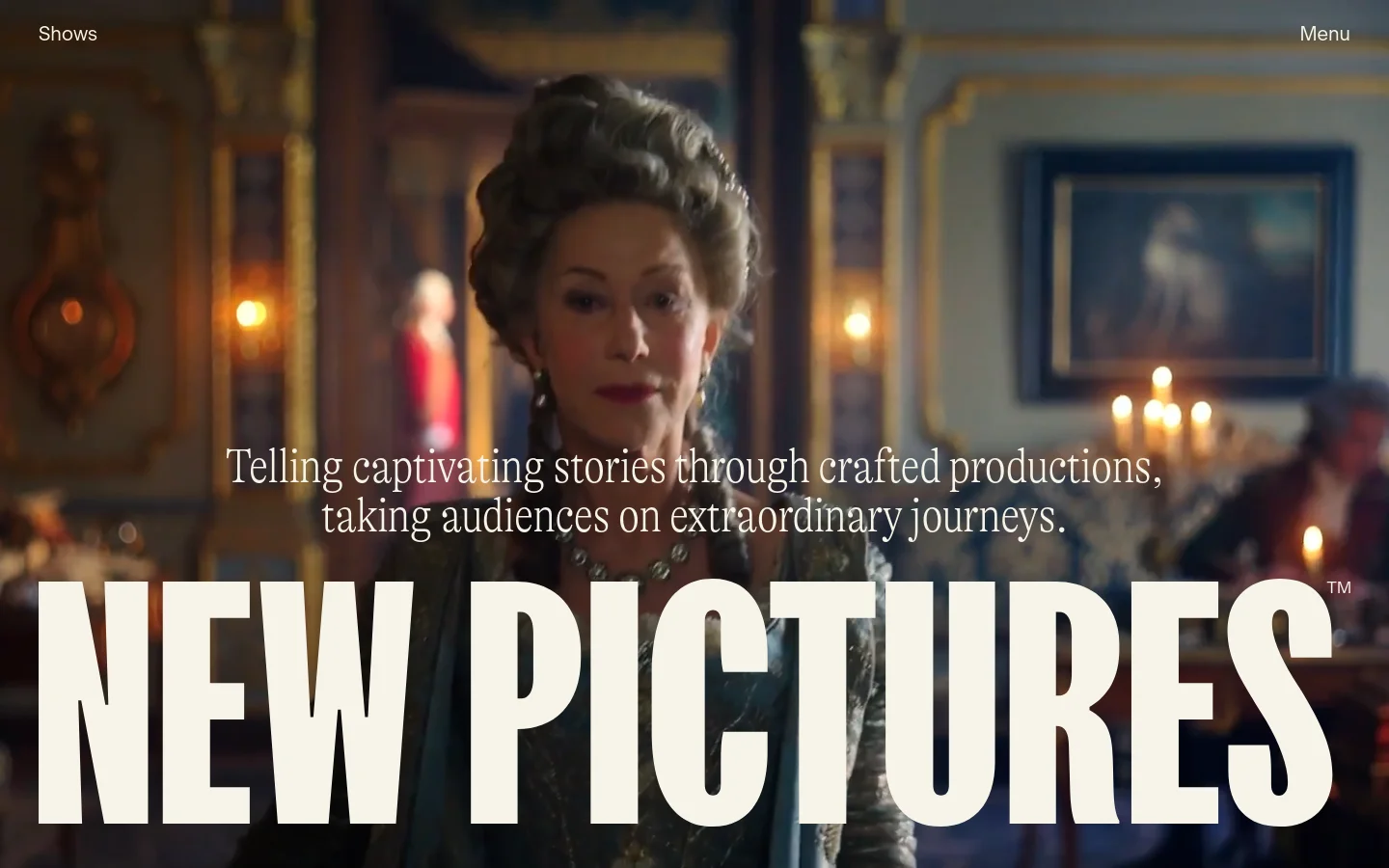 The desktop homepage features a large cinematic hero image of a woman in period costume, overlaid with the company name 'NEW PICTURES' in large white block letters and a mission statement. Below the hero section, a grid of show titles and production credits is displayed against a dark background. Navigation links for Shows, About, What's New, Team, Contact, and Legal are located at the bottom.