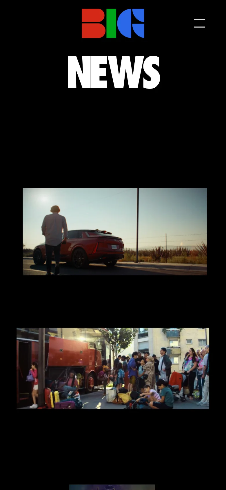 The mobile version maintains the black background and 'BIG' logo but uses a single-column vertical layout. The large 'NEWS' headline is followed by full-width cinematic images stacked on top of each other, and a hamburger menu icon is visible in the top right corner.