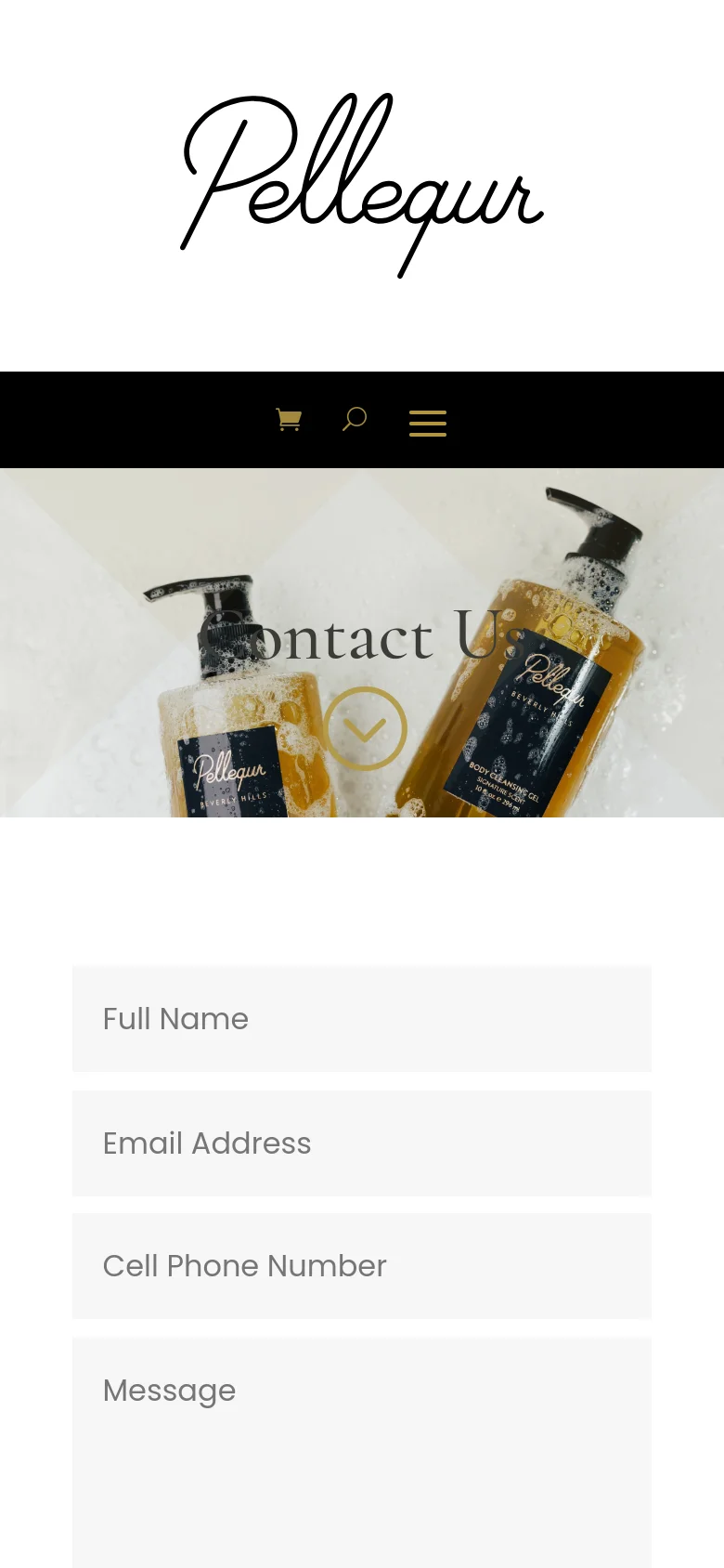 The mobile version features a centered Pellequr logo at the top above a black navigation bar with a hamburger menu icon. The hero image displays the skincare bottles and 'Contact Us' text, followed by a vertically stacked contact form with full-width input fields for name, email, phone, and message.