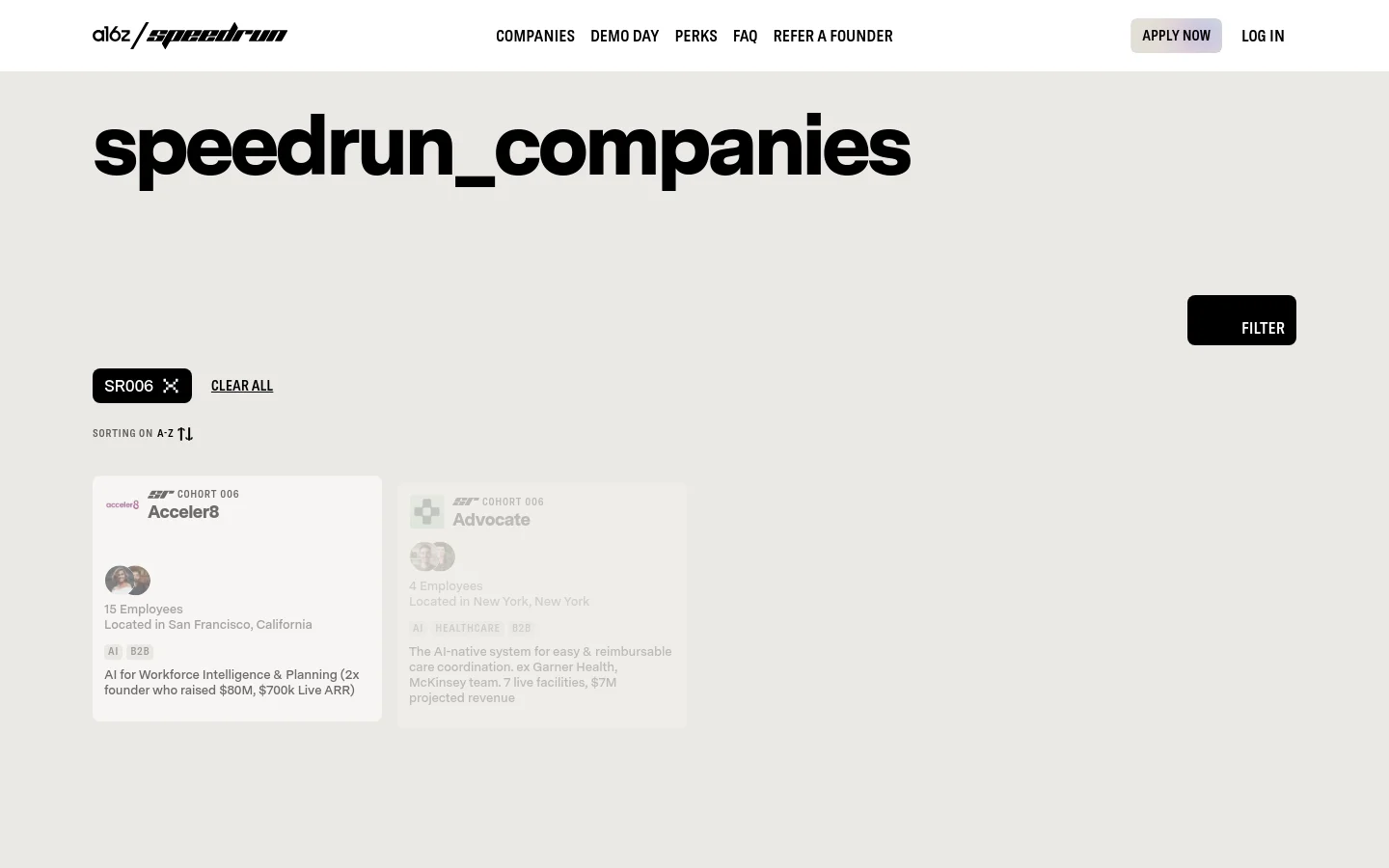 The desktop page features a minimalist design with a large 'speedrun_companies' headline on a light background. A search and filter section includes a 'FILTER' button and active filter tags like 'SR006', followed by a grid of company cards containing logos, founder photos, and brief business descriptions.