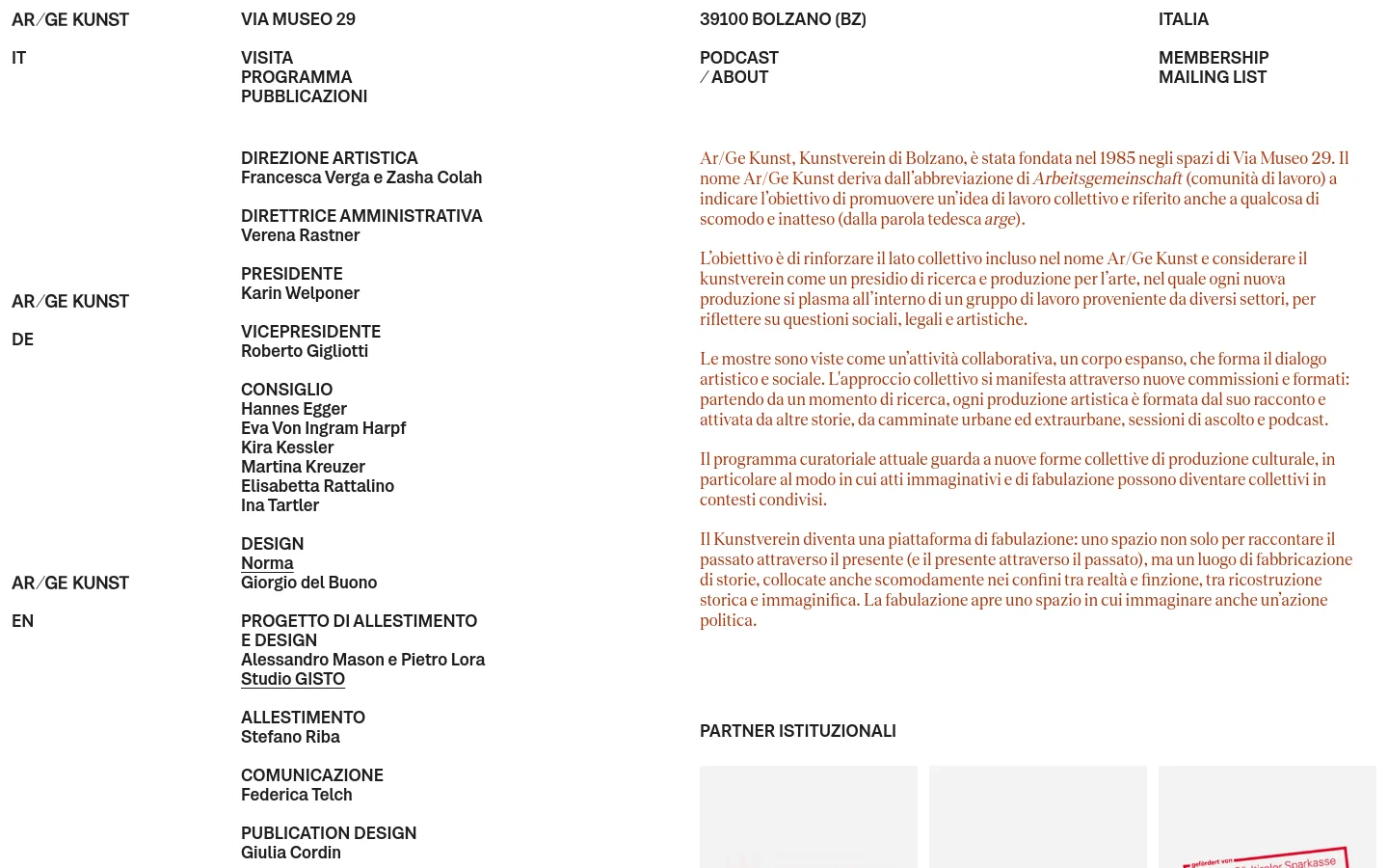 The desktop About page features a minimalist layout with a white background and black sans-serif typography. The content is organized into two main columns: a left-hand sidebar listing staff, design, and curation credits, and a wider right-hand column containing the organization's history and mission statement. A section for institutional partners is visible at the bottom.