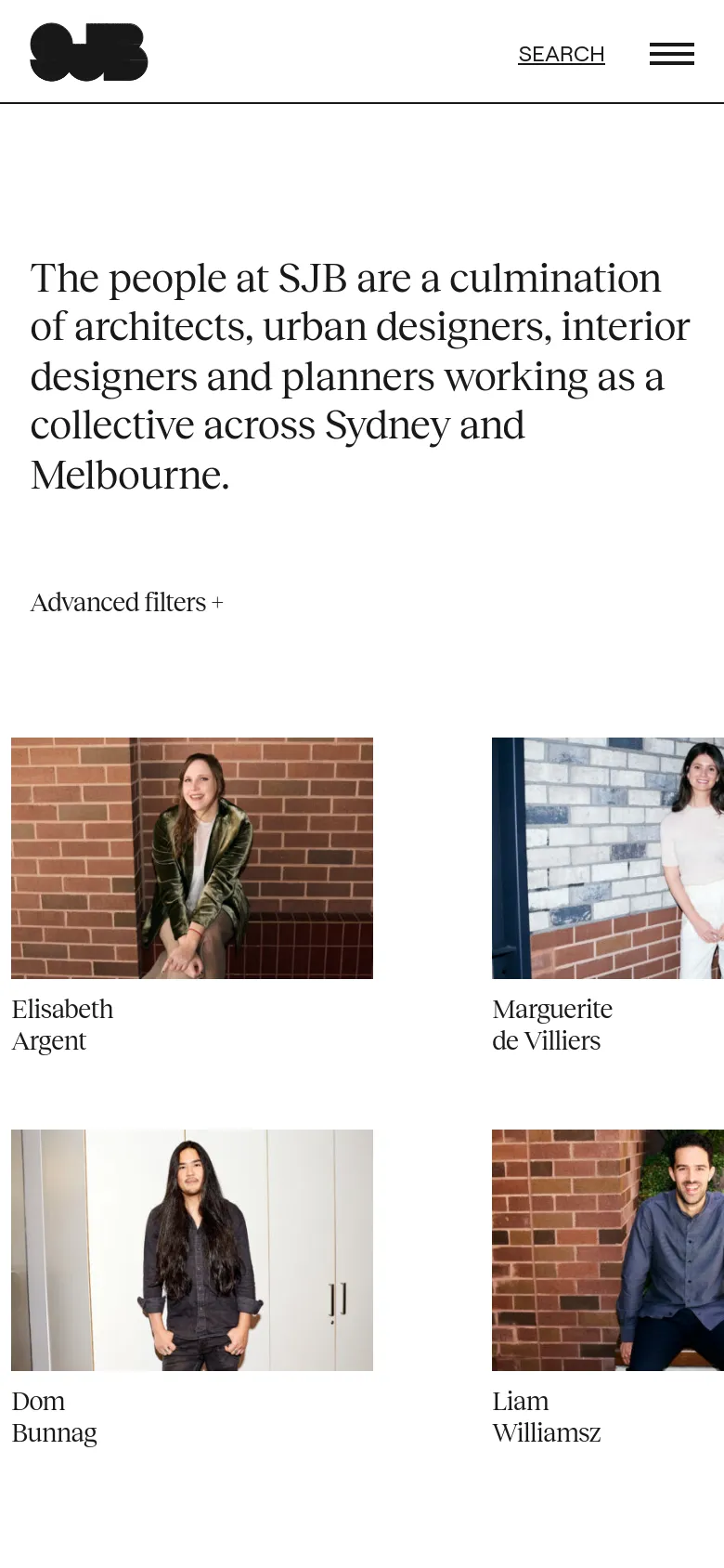 The mobile version presents a vertically stacked layout optimized for smaller screens. The large headline and filter options appear at the top, followed by a single-column or two-column grid of team member portraits. The navigation is condensed into a hamburger menu icon at the top right, and the search function is represented by a text link.