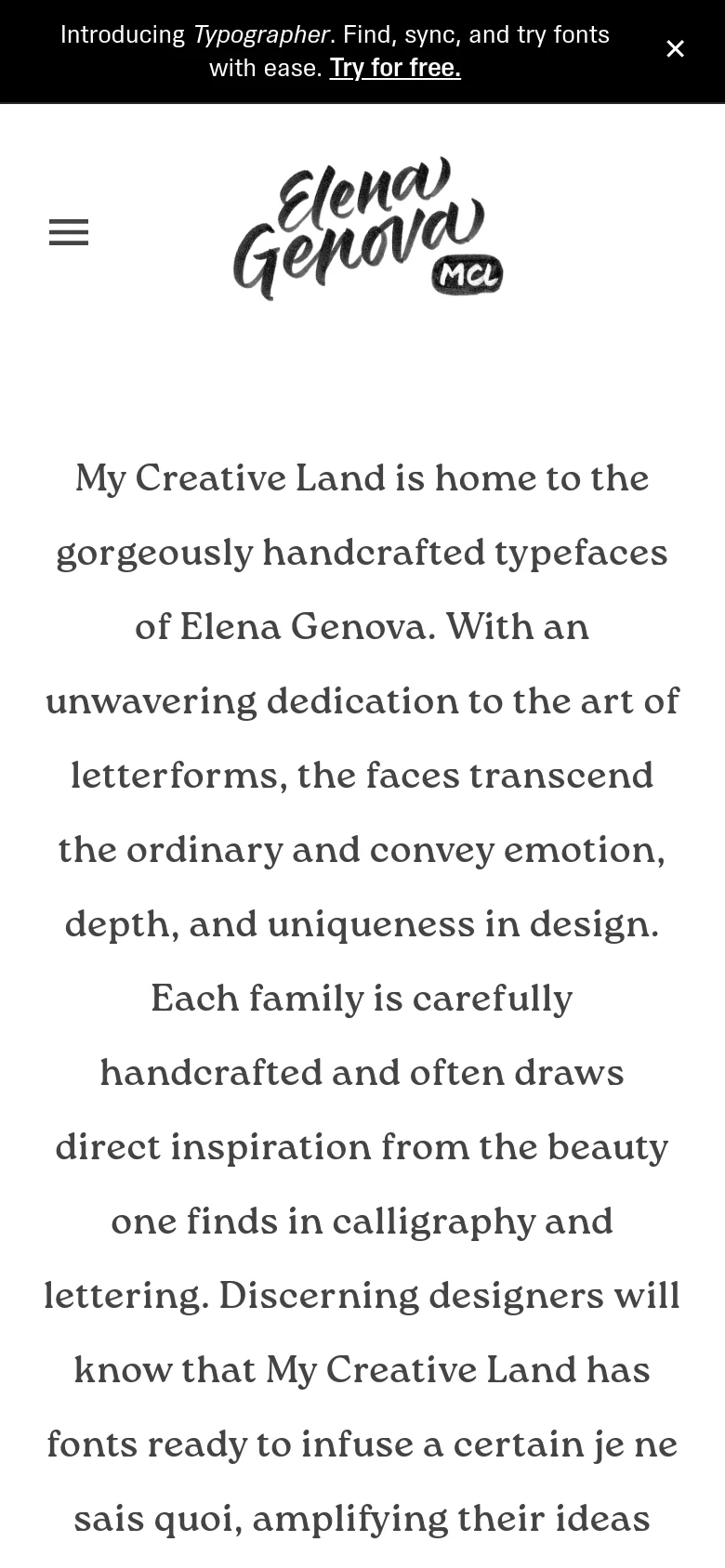 The mobile version simplifies the layout with a hamburger menu icon on the left and the Elena Genova logo centered at the top. The introductory text spans the width of the screen, maintaining the clean, minimalist aesthetic with a white background and black text.