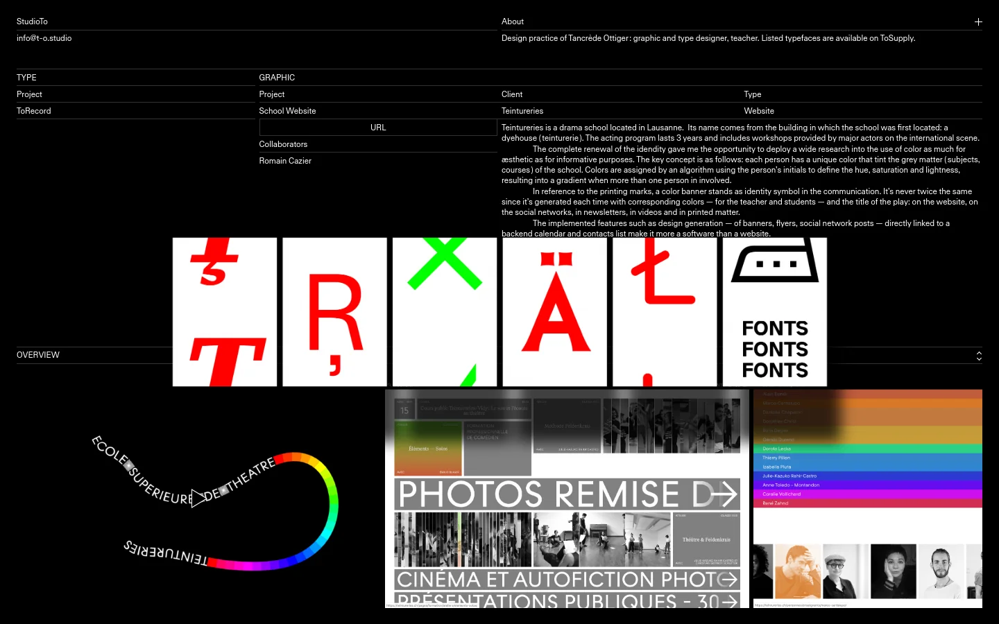 A desktop website layout for Teintureries featuring a black background with white and red typography. The page includes a project details table, a descriptive text block, and a grid of large, colorful graphic tiles showcasing typography and photography. A large circular rainbow gradient logo is positioned on the left side.