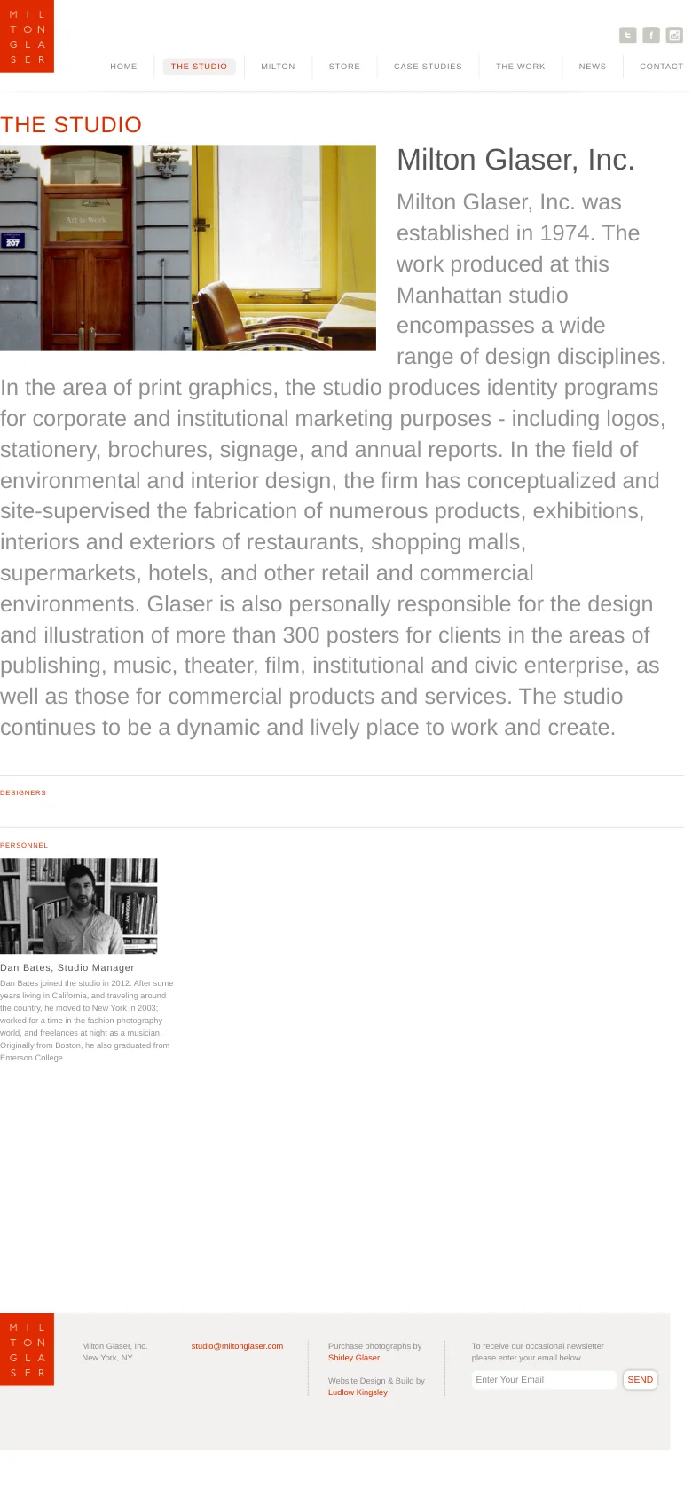 The mobile version uses a single-column vertical layout with the red logo and social media icons centered at the top. The studio photograph and text are stacked vertically, and the personnel section follows below, maintaining a clean, white aesthetic with simplified navigation.