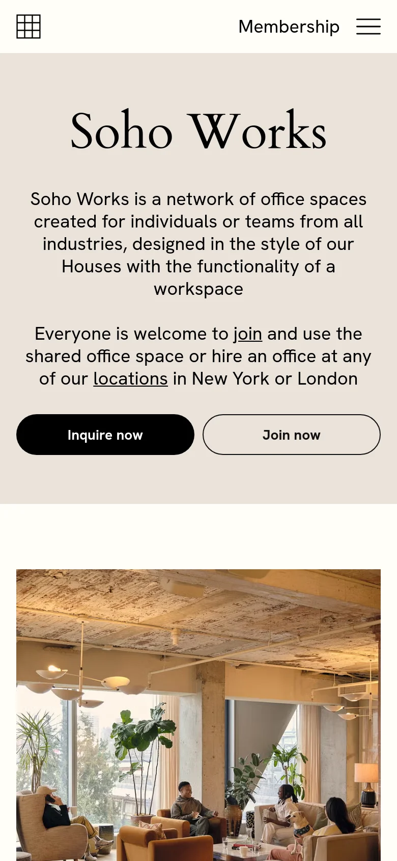 The mobile version maintains the cream aesthetic and serif typography but uses a simplified layout. The navigation is condensed into a hamburger menu icon next to the 'Membership' link, and the hero text and buttons are vertically stacked to fit the narrow screen width.