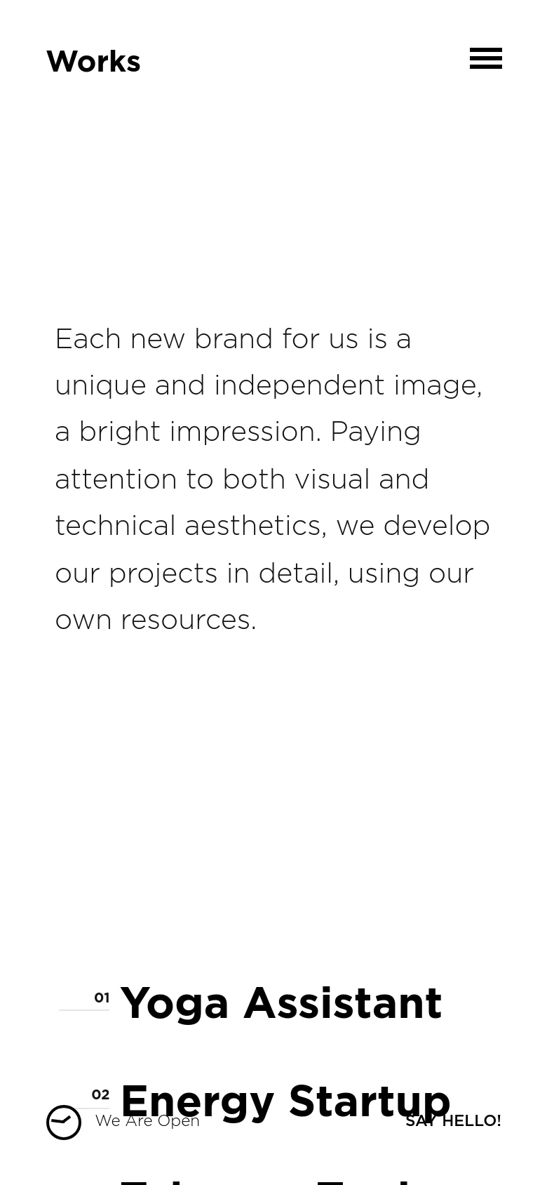 The mobile version presents a simplified layout with a large 'Works' heading and a hamburger menu icon in the top right. The introductory text is centered and takes up the upper half of the screen, followed by a vertical list of featured projects like 'Yoga Assistant' and 'Energy Startup' with large, bold typography.
