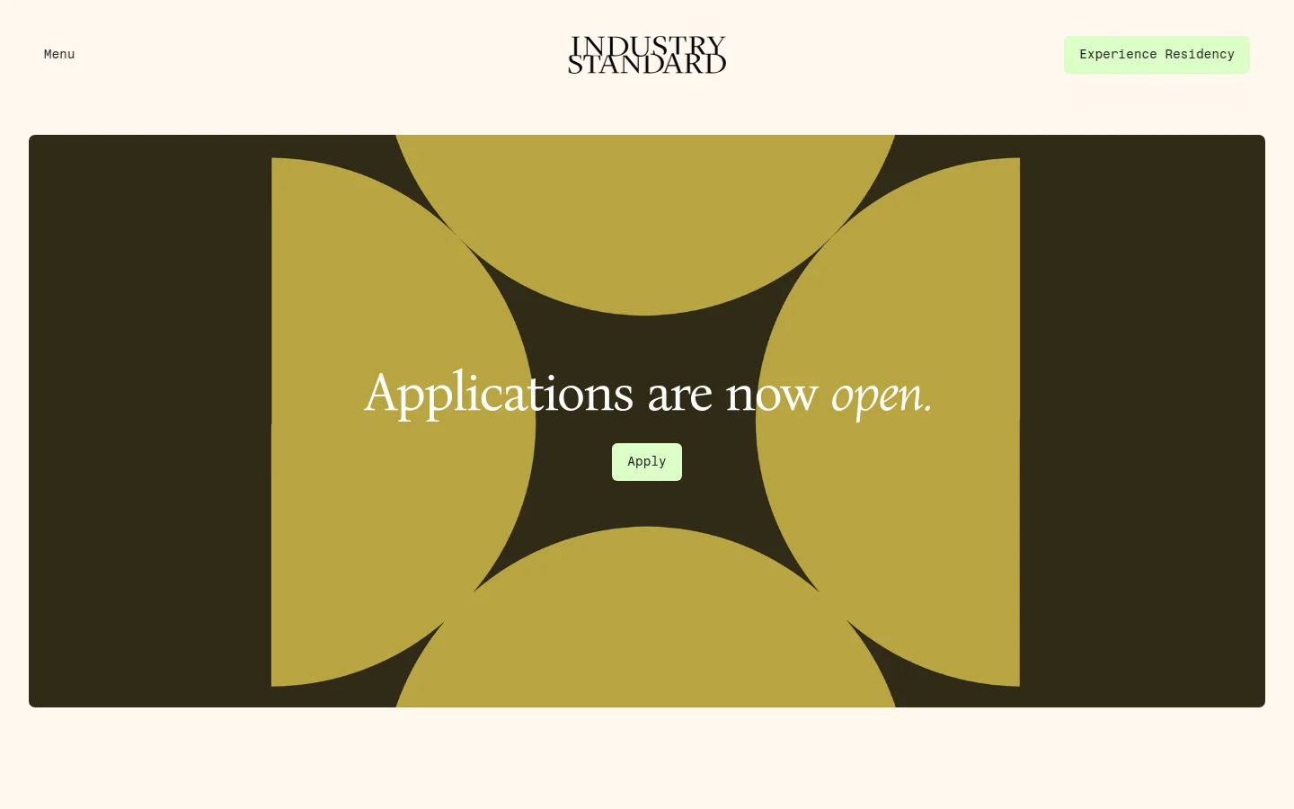 The desktop homepage features a dark background with a large hero section containing a gold geometric graphic and the headline 'Applications are now open.' with an 'Apply' button. Below, the layout uses a clean white background to present the 2027 Experience Residency details and a grid of three 'Pathways' cards, each with a descriptive image and a 'Read more' link.
