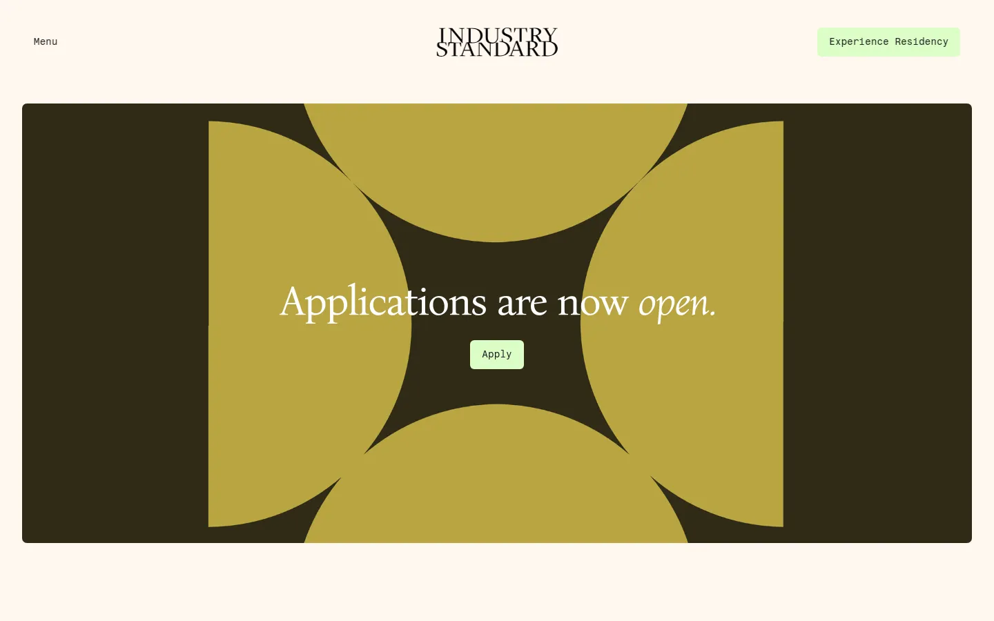The desktop homepage features a dark background with a large hero section containing a gold geometric graphic and the headline 'Applications are now open.' with an 'Apply' button. Below, the layout uses a clean white background to present the 2027 Experience Residency details and a grid of three 'Pathways' cards, each with a descriptive image and a 'Read more' link.