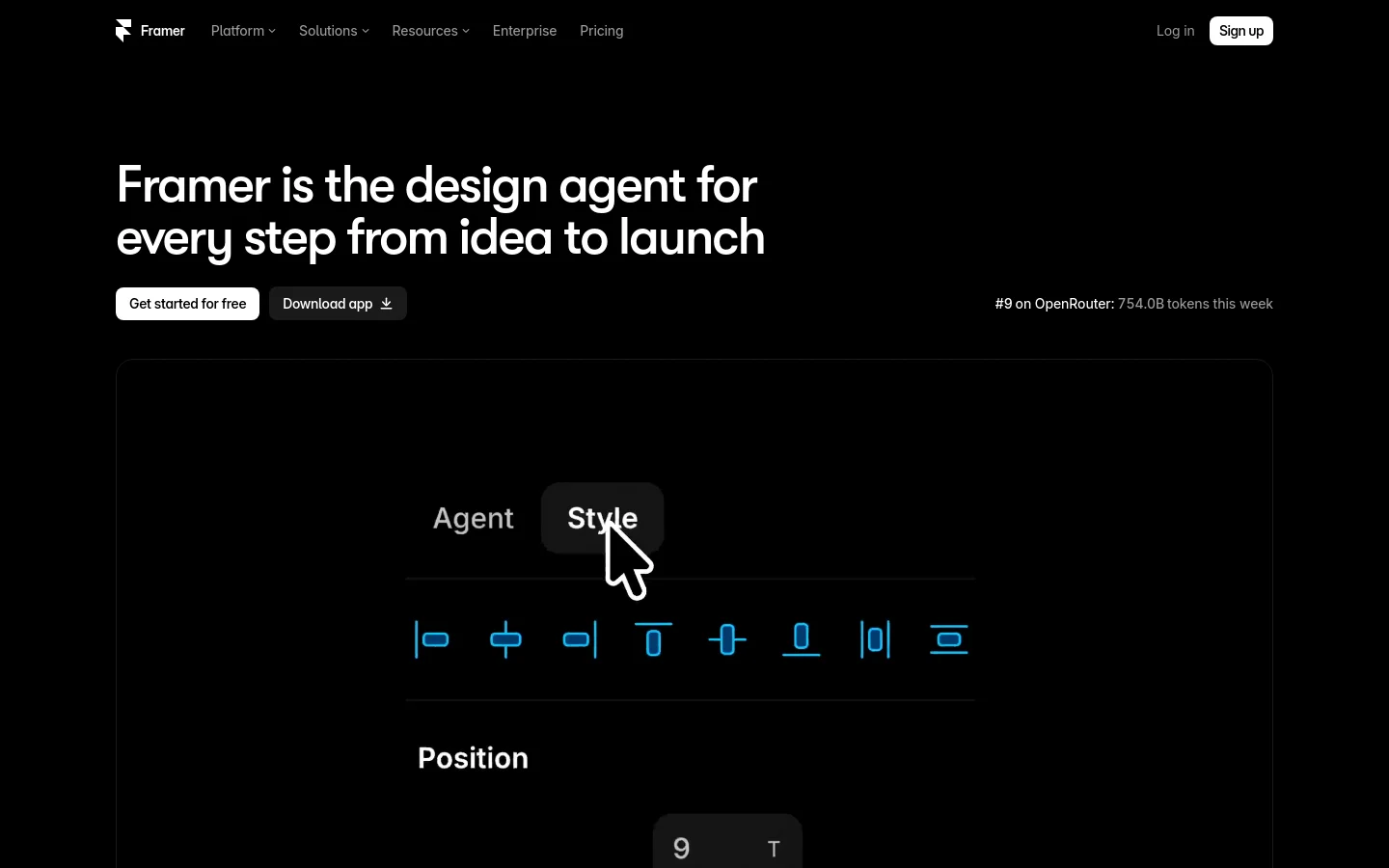The desktop homepage features a dark theme with a large headline stating 'Framer is the design agent for every step from idea to launch.' Below the headline are two primary buttons, 'Get started for free' and 'Download app,' alongside a statistic about OpenRouter usage. A large central graphic shows a simplified UI interface with an 'Agent' and 'Style' control panel.