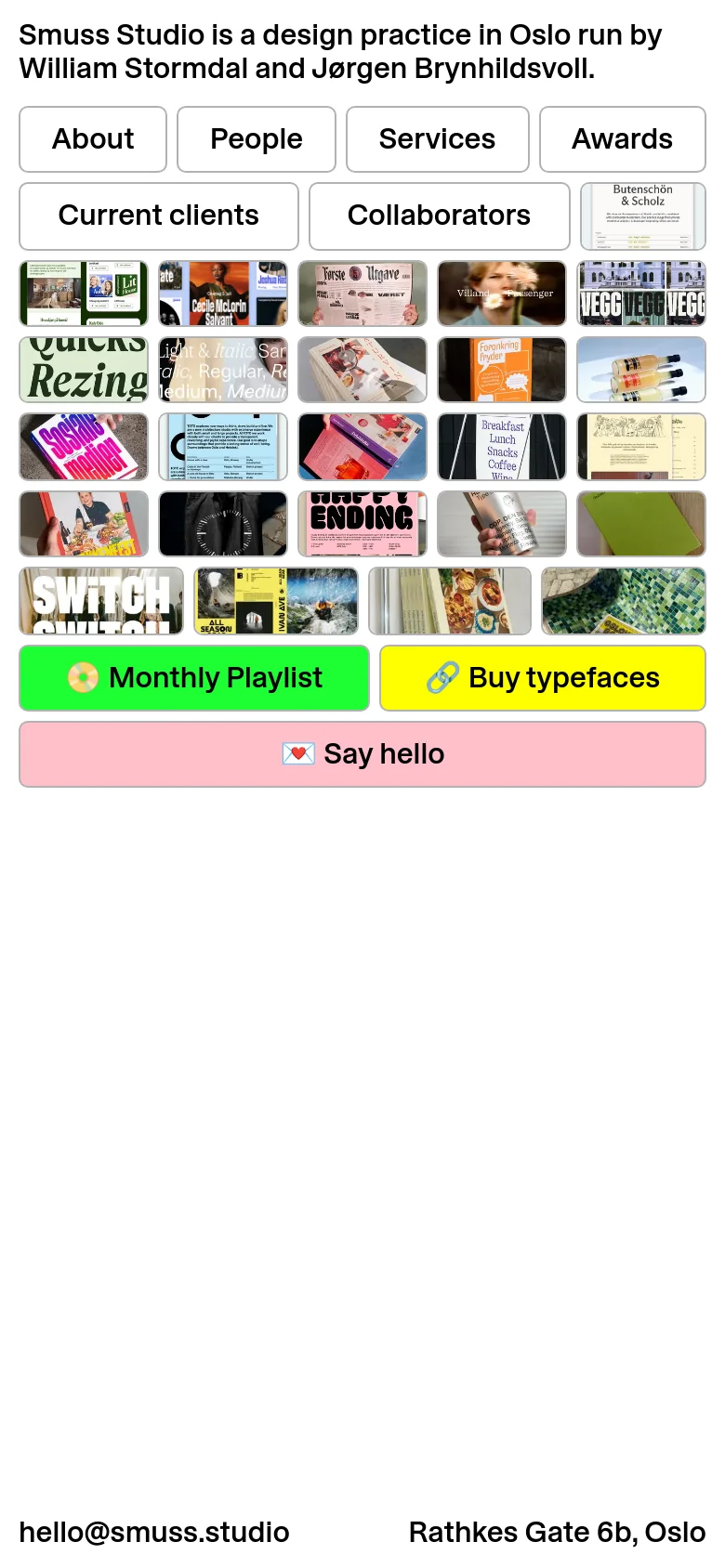 The mobile version presents a single-column vertical layout with the studio description and navigation buttons stacked centrally. The project thumbnails are arranged in a dense, multi-row grid, and the colorful call-to-action buttons are enlarged to span the width of the screen for easier tapping.