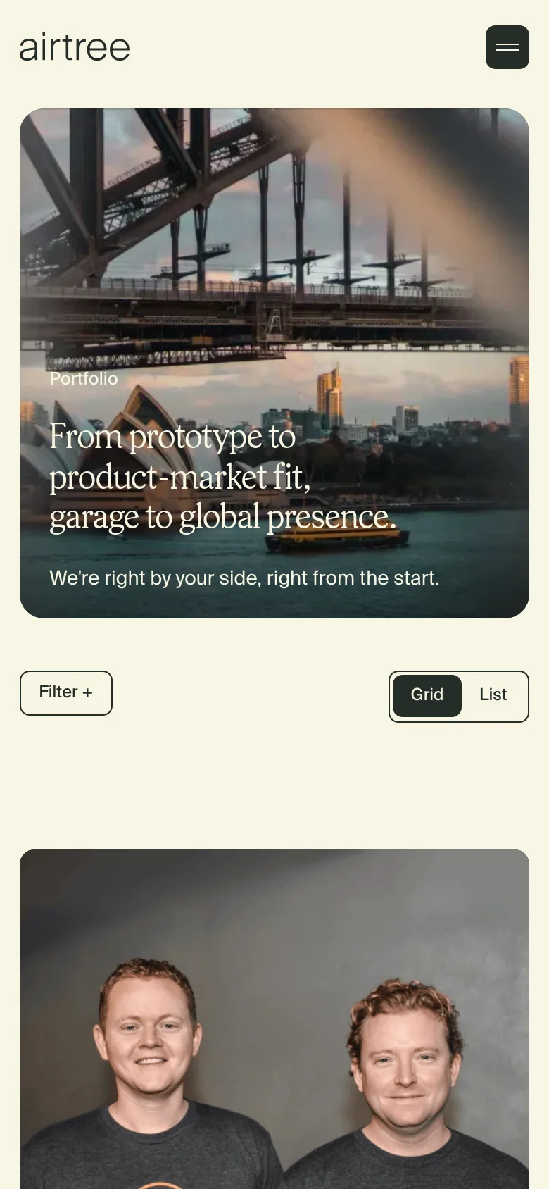 Airtree Ventures mobile portfolio page with a stacked layout. The hero section features a compressed view of the Sydney Harbour Bridge imagery with centered white typography, followed by a hamburger menu and a simplified filter section with Grid and List toggle buttons.