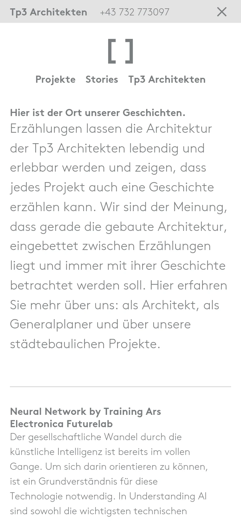 The mobile version maintains the minimalist white and gray aesthetic but uses a single-column layout optimized for vertical scrolling. The top navigation is replaced by a simplified header, and the text size is adjusted for readability on a smaller screen, while the story list remains vertically stacked with text-heavy descriptions.
