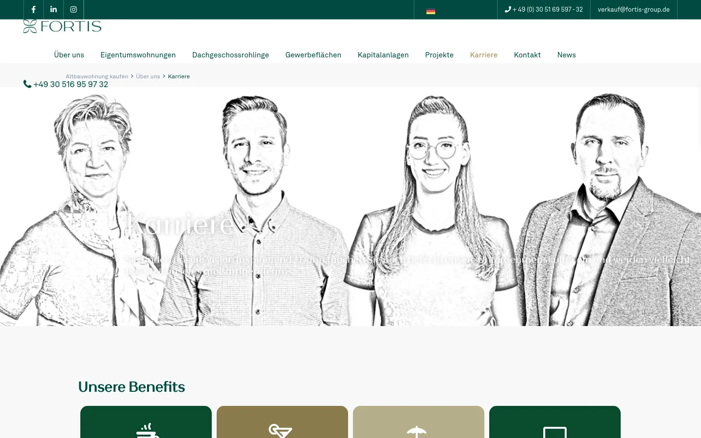 The desktop page features a dark green header with contact information and a white navigation menu. A large hero section displays a black and white sketch-style illustration of four team members, overlaid with the headline 'Karriere' and introductory text. Below, a job listing for a Property Manager is displayed in text, followed by a 'Unsere Benefits' section with green icon cards.