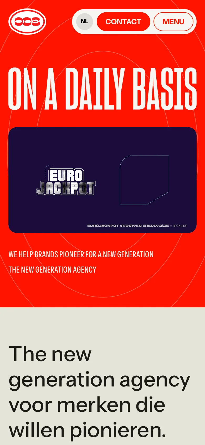 The mobile version uses a bright red background with the large white 'ON A DAILY BASIS' headline. The navigation is condensed into a 'MENU' button and a 'CONTACT' button at the top, while the main text and branding elements are stacked vertically for a narrow viewport.