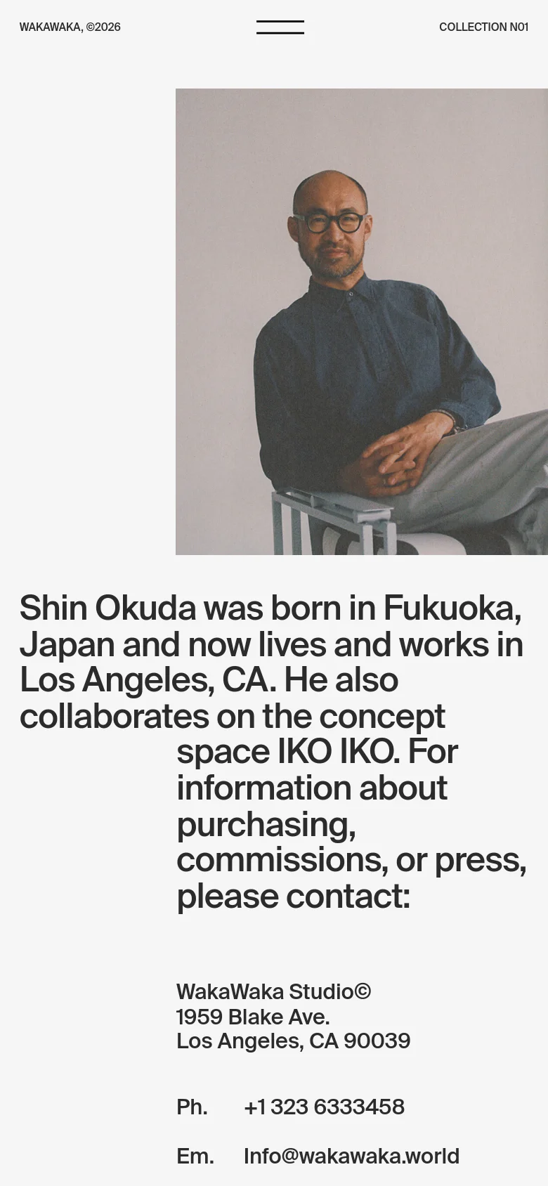 Waka Waka contact page with a stacked mobile layout. The large biographical text and contact details are reflowed vertically, prioritizing readability with a clean, high-contrast typographic design.