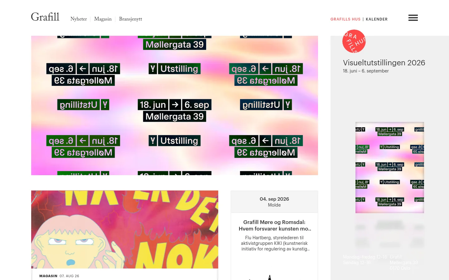 The Grafill homepage features a clean white layout with a large colorful hero banner displaying exhibition dates in bold typography. Below the hero, a grid of content cards includes a magazine feature with an illustration and event listings for upcoming meetings and exhibitions. The navigation menu is located at the top with links for News, Magazine, and Industry News.