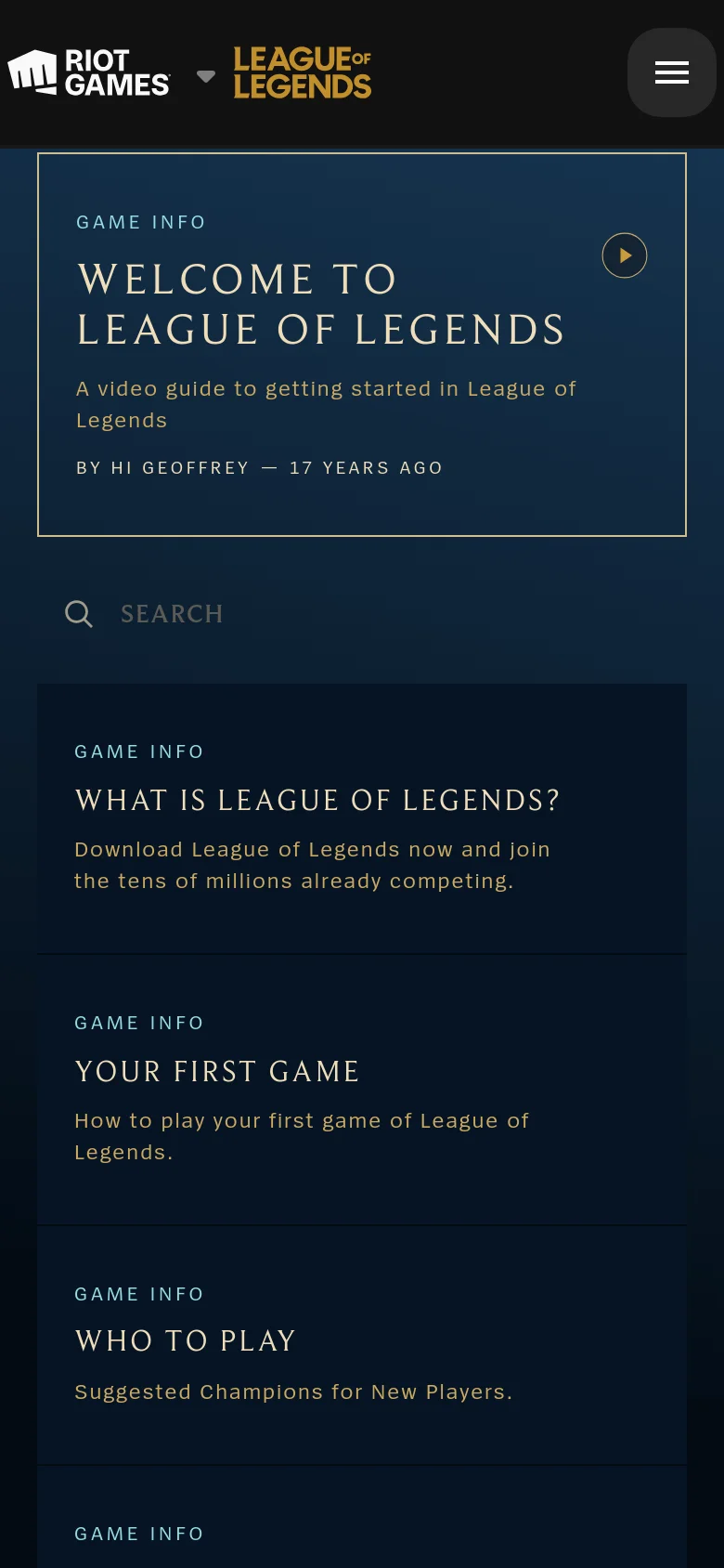 The mobile version uses a vertical layout with a dark blue background, prioritizing a single-column stack of content. The hero section features the title and a play button icon, followed by a search bar and a list of text-based informational cards. The navigation is condensed into a hamburger menu icon in the top right corner.