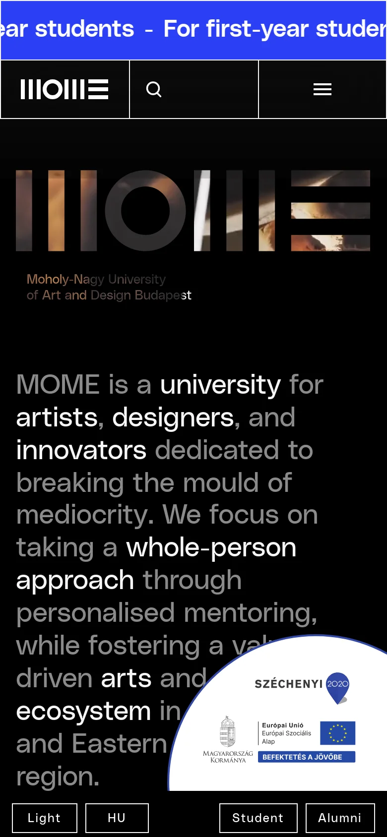The mobile version presents a simplified vertical layout with a black background and large white typography. The navigation is condensed into a hamburger menu icon next to a search icon in a top bar. The university's mission statement is prominently displayed in large, bold white text, and the bottom of the screen features toggle buttons for Light/Dark modes and language selection.