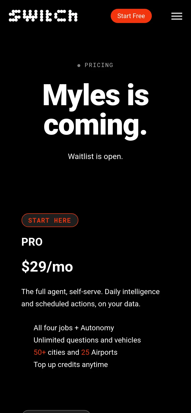 The mobile version uses a single-column layout on a black background. The 'Myles is coming' headline is centered, followed by the Pro pricing card, which is stacked vertically above the Enterprise card. The navigation menu is collapsed into a hamburger icon, and the feature comparison table is optimized for vertical scrolling.