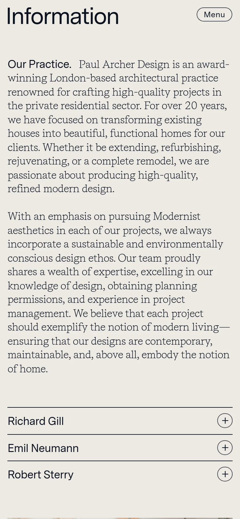 The mobile version maintains the minimalist aesthetic and light grey background but shifts to a single-column layout. The large 'Information' heading is followed by stacked text blocks, and the leadership section presents names vertically with large plus icons for interaction.