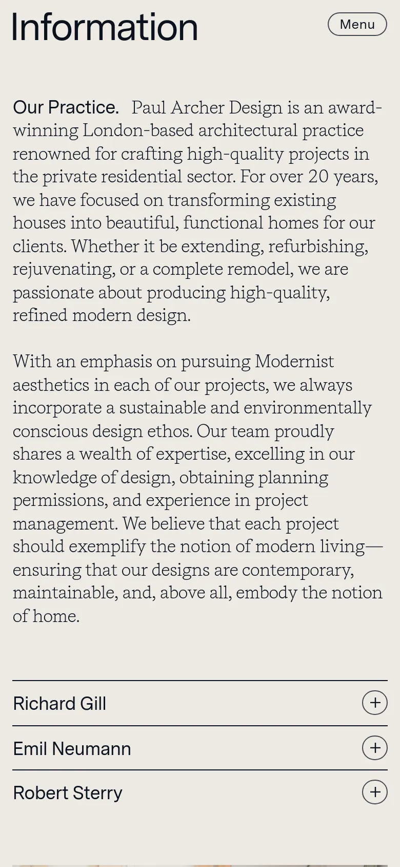 The mobile version maintains the minimalist aesthetic and light grey background but shifts to a single-column layout. The large 'Information' heading is followed by stacked text blocks, and the leadership section presents names vertically with large plus icons for interaction.