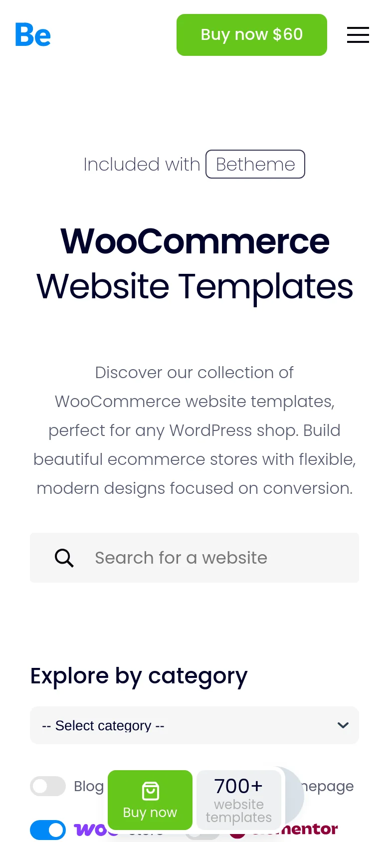 Mobile version of the page with a simplified layout and a condensed header featuring a hamburger menu and a green 'Buy now $60' button. The hero section displays the main headline and search bar vertically, followed by a category selection dropdown menu and floating 'Buy now' action buttons at the bottom of the screen.