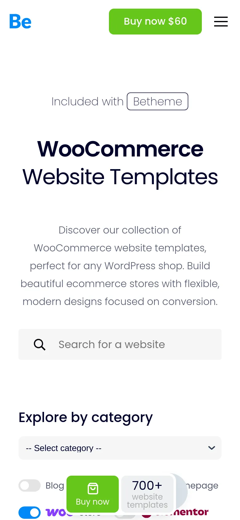 Mobile version of the page with a simplified layout and a condensed header featuring a hamburger menu and a green 'Buy now $60' button. The hero section displays the main headline and search bar vertically, followed by a category selection dropdown menu and floating 'Buy now' action buttons at the bottom of the screen.