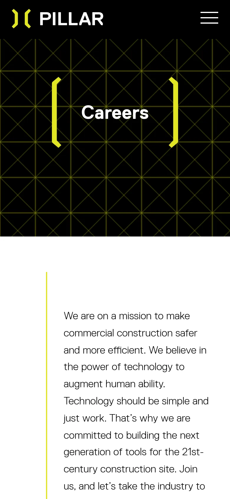 The mobile version maintains the dark hero section with the yellow grid and 'Careers' text in brackets, but the top navigation is condensed into a white bar featuring the Pillar logo and a three-line hamburger menu icon on the right.