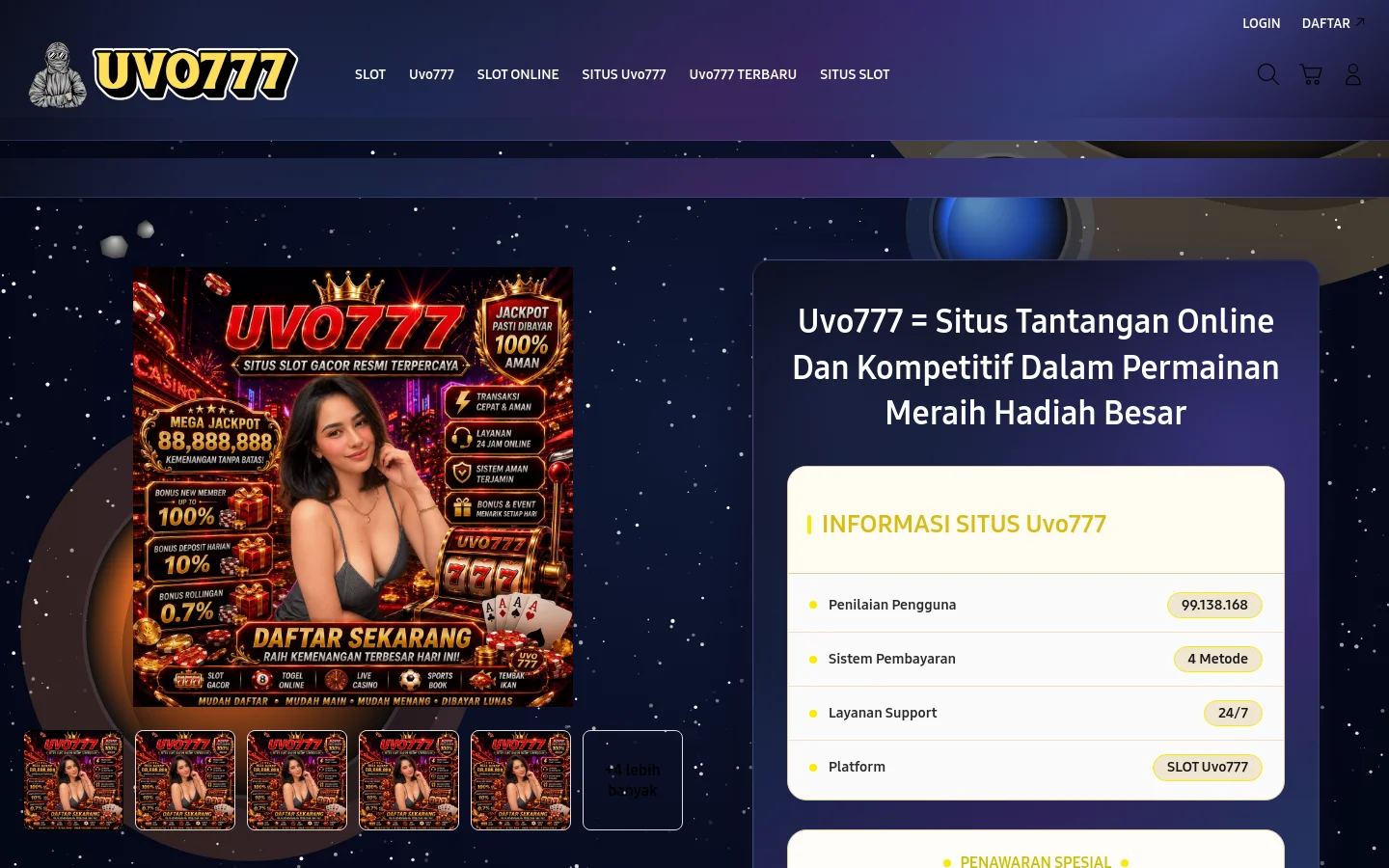 Desktop view of the Uvo777 website featuring a dark space-themed background with stars and planets. A large promotional banner shows a woman alongside jackpot graphics and text, positioned next to a dark blue information card titled 'Uvo777 = Situs Tantangan Online Dan Kompetitif Dalam Permainan Meraih Hadiah Besar'. The top navigation bar includes the logo, game categories, and icons for search, cart, and user login.