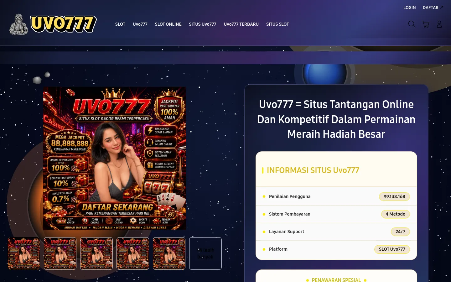 Desktop view of the Uvo777 website featuring a dark space-themed background with stars and planets. A large promotional banner shows a woman alongside jackpot graphics and text, positioned next to a dark blue information card titled 'Uvo777 = Situs Tantangan Online Dan Kompetitif Dalam Permainan Meraih Hadiah Besar'. The top navigation bar includes the logo, game categories, and icons for search, cart, and user login.