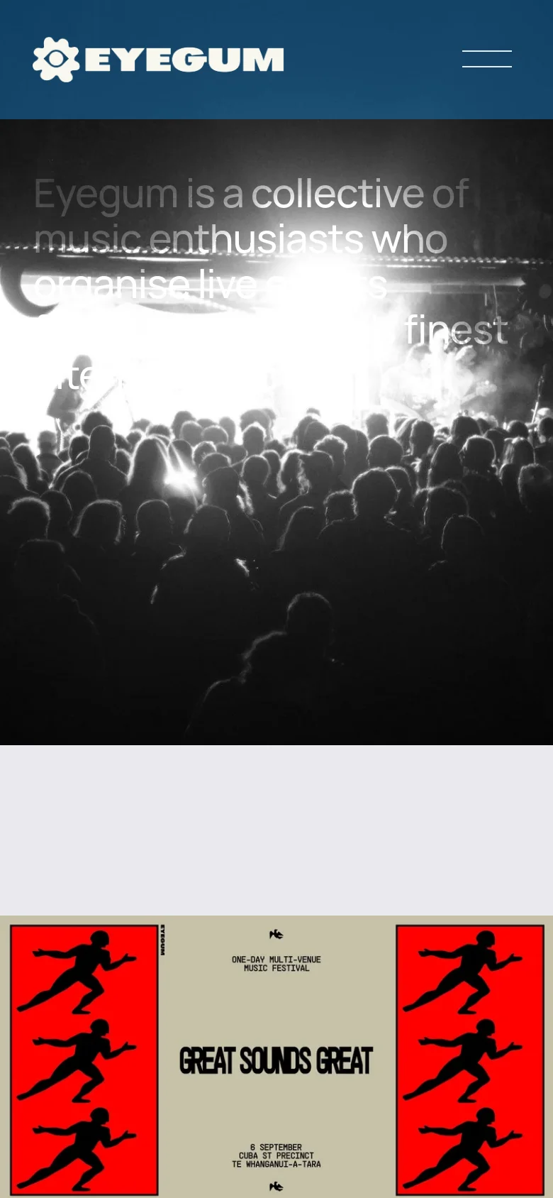 The mobile version uses a condensed layout with a dark blue header and a hamburger menu icon. The large black-and-white crowd photo serves as the hero background behind centered white text. The festival graphic at the bottom is scaled to fit the narrower screen width.