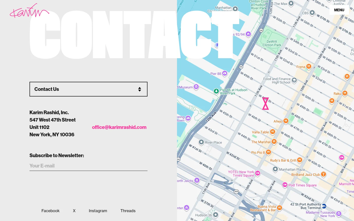 The desktop contact page features a large, white 'CONTACT' headline overlaying a stylized, colorful street map of Manhattan. On the left, a clean white section contains a 'Contact Us' dropdown menu, the firm's address, an email link, and a newsletter subscription field. The layout is split vertically between the contact information and the expansive map background.