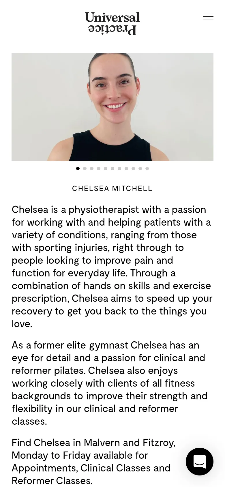 The mobile version simplifies the layout into a vertical stack, focusing on a large, single portrait of Chelsea Mitchell. The navigation menu is condensed into a hamburger icon at the top right, and the practitioner's biography follows directly below the main image in a single column for easy scrolling.
