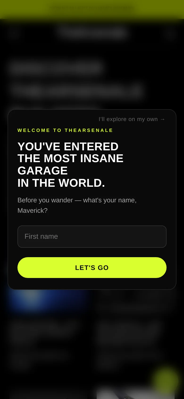 The mobile version displays the same dark-themed 'Builders' page with a prominent welcome pop-up modal centered on the screen. The modal features a large headline, a single text input field for a first name, and a bright neon yellow 'LET'S GO' button. The background content is blurred and stacked vertically to fit the narrow viewport.