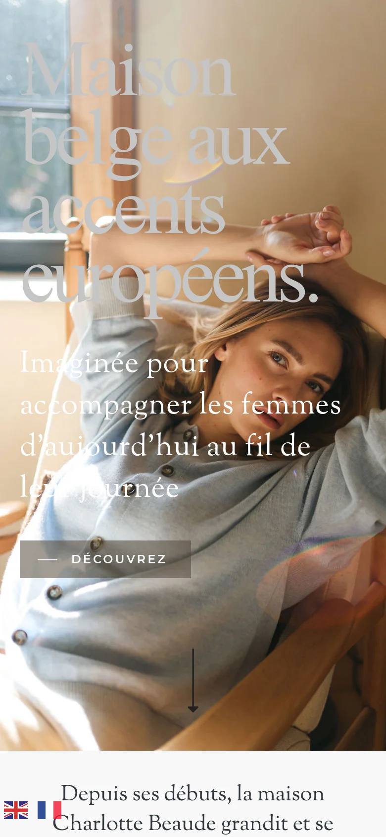 The mobile version presents a vertically stacked layout with the same hero image and white text overlaying the woman's portrait. The text is larger to fit the narrow screen, and the 'Découvrez' button is centered. The navigation is condensed, and the content flows into a single-column view for easier scrolling.