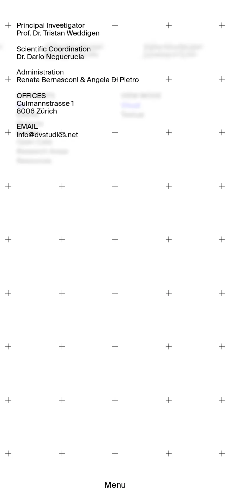 The mobile version presents a simplified, single-column layout of the contact information, focusing on readability. The text remains black on white, with headings like 'Principal Investigator' and 'OFFICES' followed by their respective details. A 'Menu' button is centered at the bottom of the screen.
