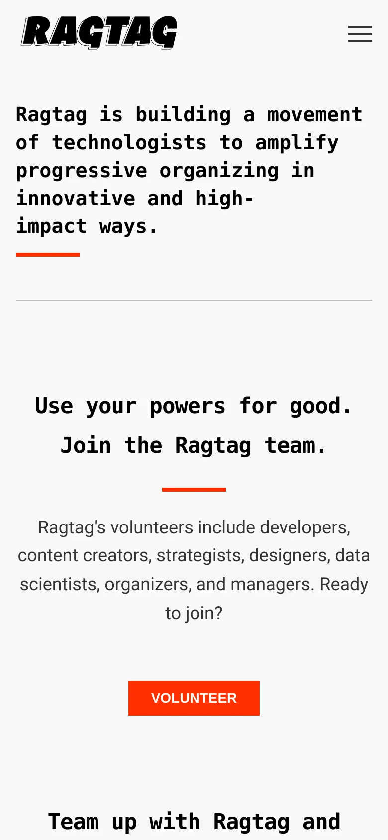 The mobile version uses a single-column vertical layout optimized for small screens. The Ragtag logo is centered at the top next to a hamburger menu icon, and the mission headline is followed by the 'Join the Ragtag team' section with its red 'VOLUNTEER' button stacked vertically above the next section.