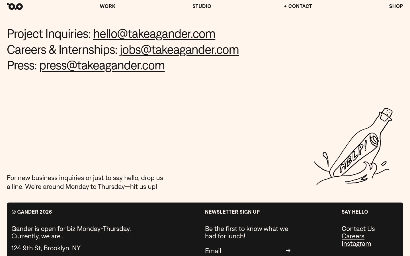 The desktop contact page features large, black sans-serif text on a light beige background, listing email addresses for project inquiries, careers, and press. A minimalist line drawing of a message in a bottle with 'HELP!' written on the scroll sits on the right side. A dark footer contains site information and newsletter sign-up links.