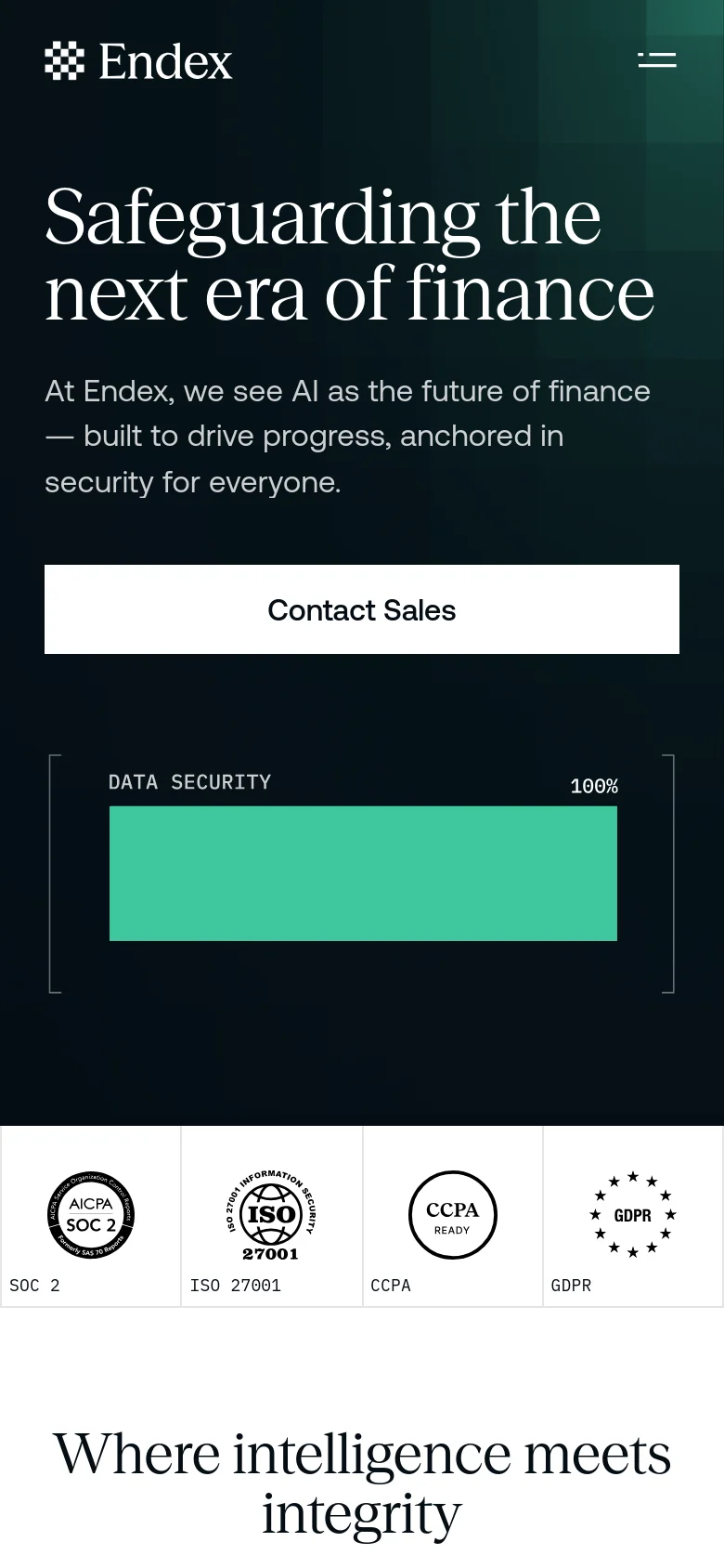 The mobile version uses a single-column layout on a dark background, stacking the hero text, 'Contact Sales' button, and teal data security graphic vertically. The compliance logos are arranged in a two-by-two grid below the main content area.