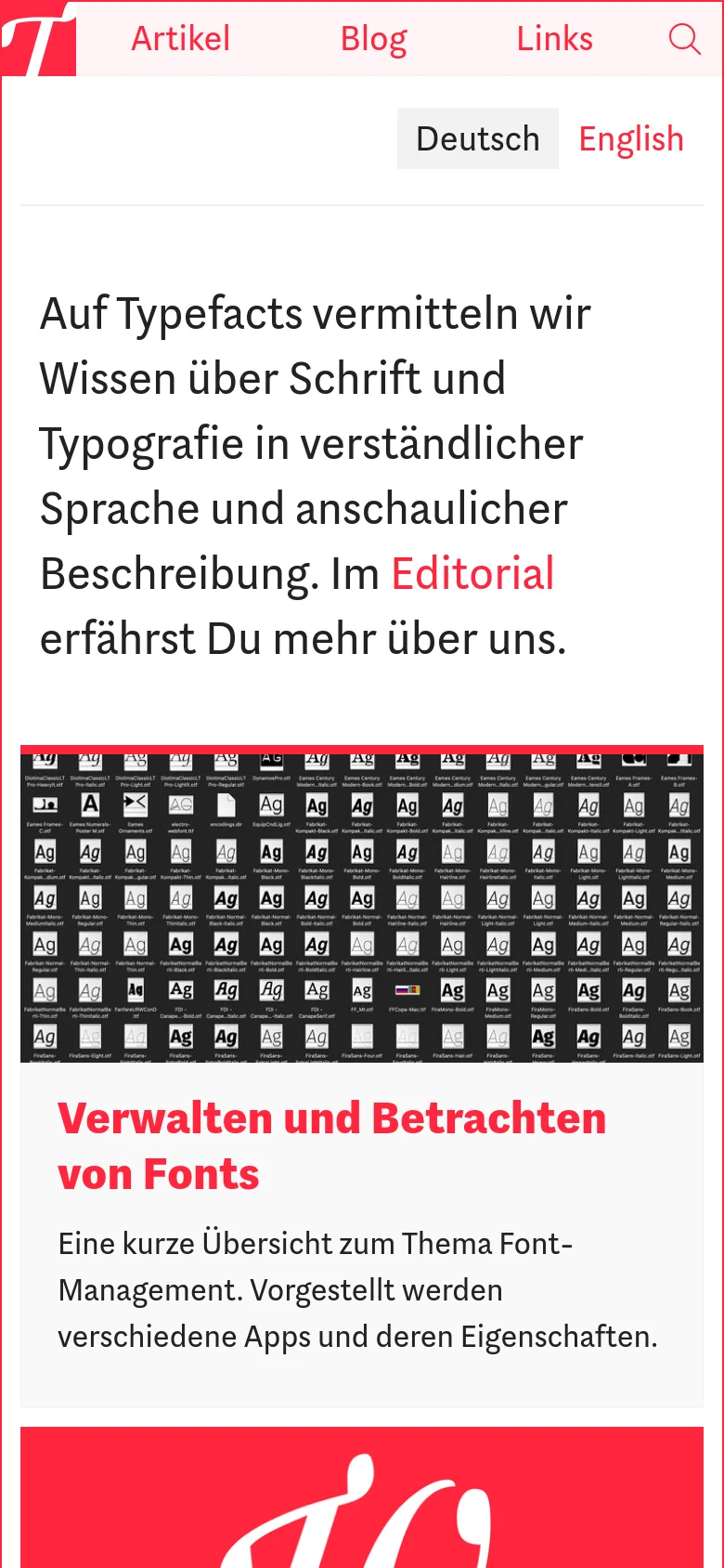 The mobile version simplifies the layout by removing the left sidebar and replacing it with a top navigation bar containing links for 'Artikel', 'Blog', and 'Links' alongside a search icon. The main content area stacks the blog posts vertically, showing large images followed by red headlines and descriptions.